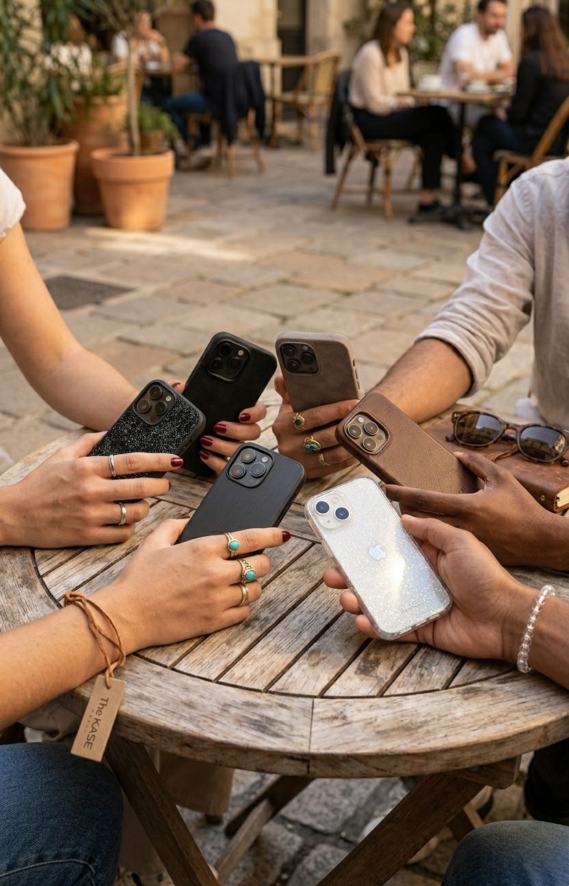 Mains tenant des smartphones protégés par des coques autour d’une table