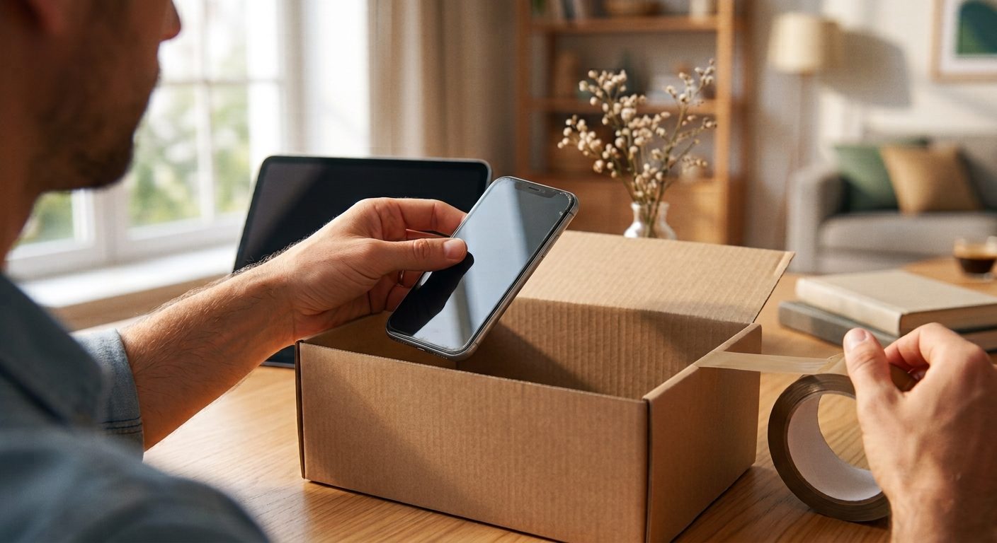 Personne déposant son ancien smartphone dans un carton