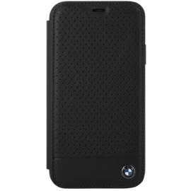 BMW Coque clapet en cuir véritable perforé pour Apple iPhone XR, Noir