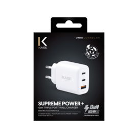 Chargeur Mural Trois Port Supreme+ Power GaN Fabriqué Avec du 100% Plastique Recyclé - 65W (PPS), Blanc