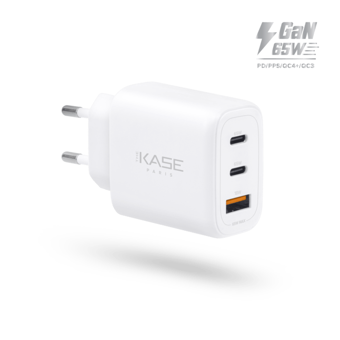 Chargeur Mural Trois Port Supreme+ Power GaN Fabriqué Avec du 100% Plastique Recyclé - 65W (PPS), Blanc