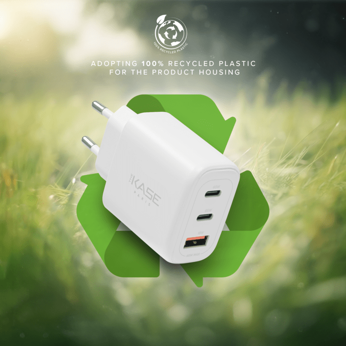 Chargeur Mural Trois Port Supreme+ Power GaN Fabriqué Avec du 100% Plastique Recyclé - 65W (PPS), Blanc