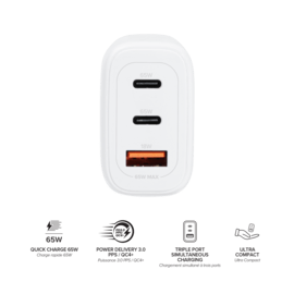 Chargeur Mural Trois Port Supreme+ Power GaN Fabriqué Avec du 100% Plastique Recyclé - 65W (PPS), Blanc