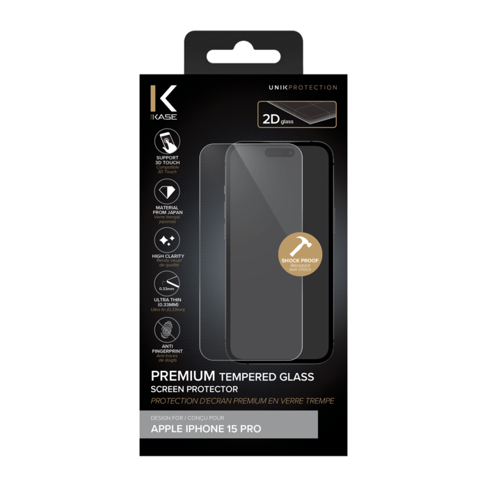 Protecteur d'écran en verre trempé de qualité supérieure pour Apple iPhone 15 Pro, transparent